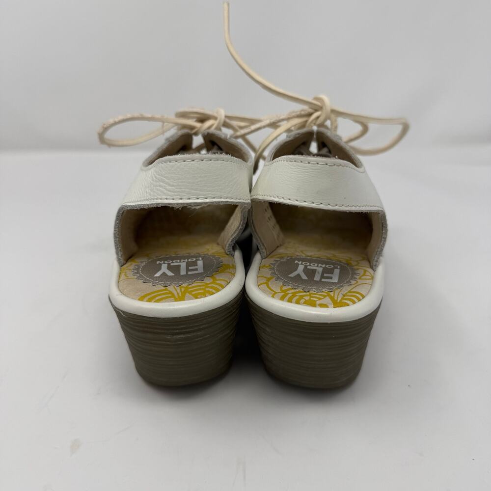 Fly London Yuta Wedge Sandal Cream Platinum Leather Laces Size 38 EUC - Picture 4 of 7